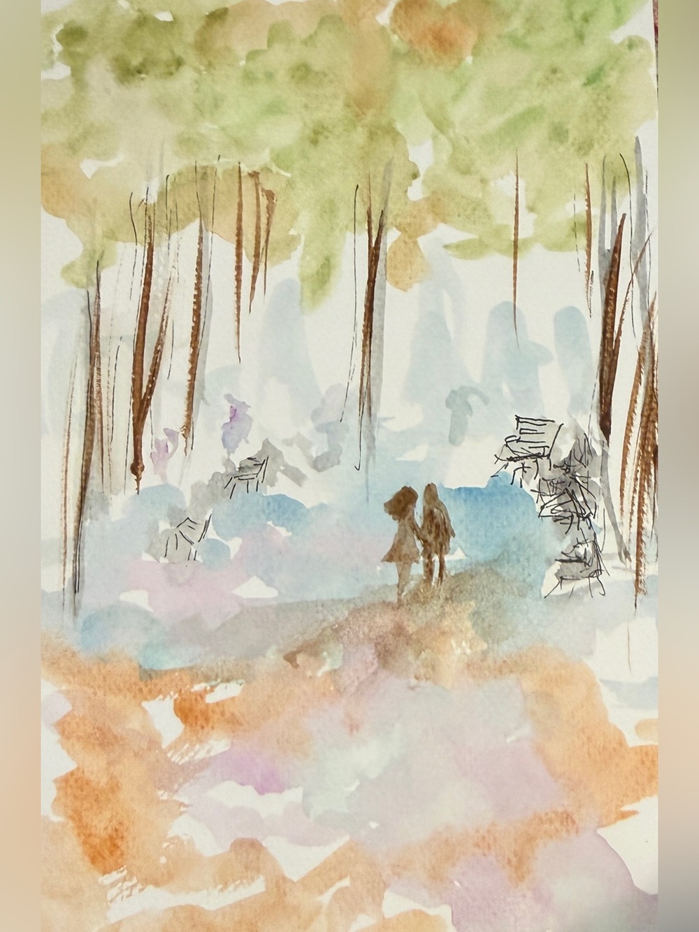 Hand painted watercolor illustration, romantic day in the park